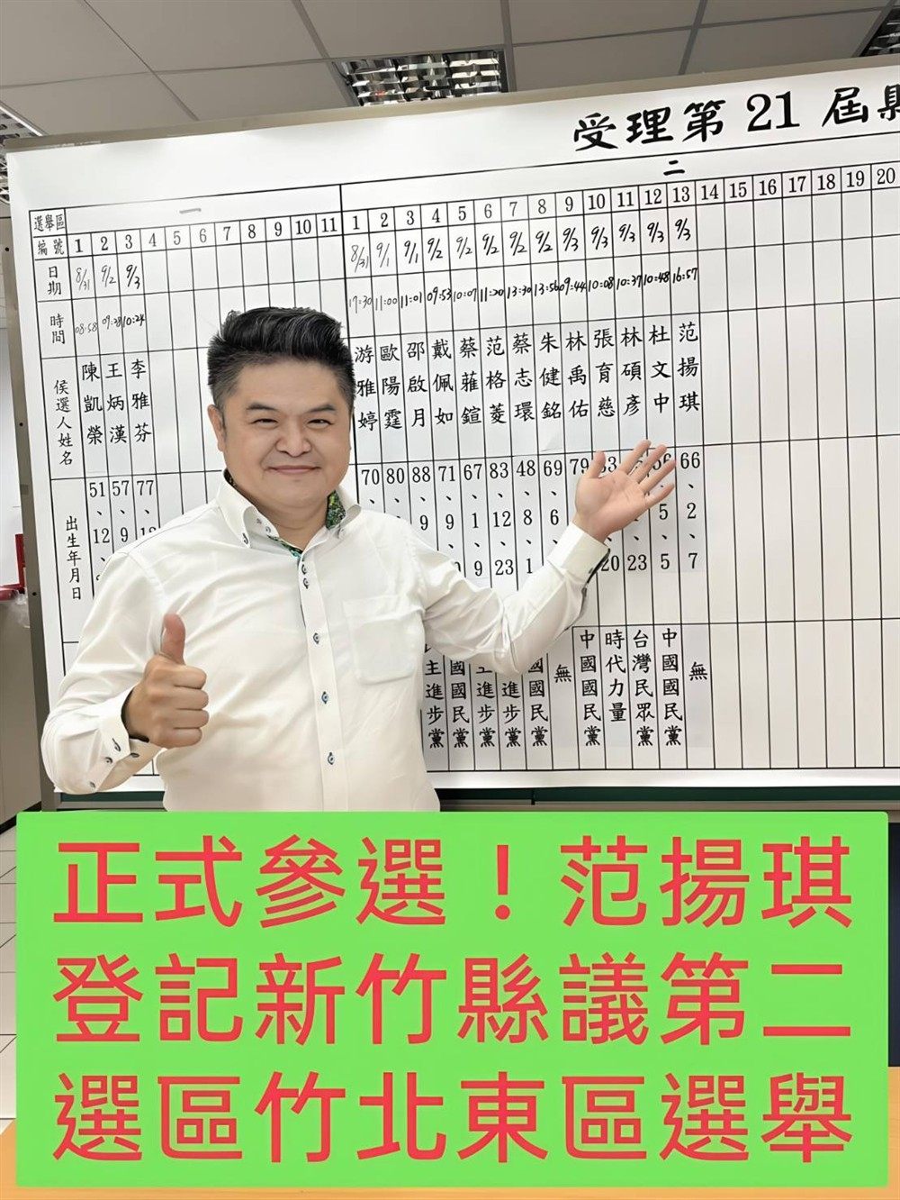 范揚琪在受理登記處完成候選人登記
